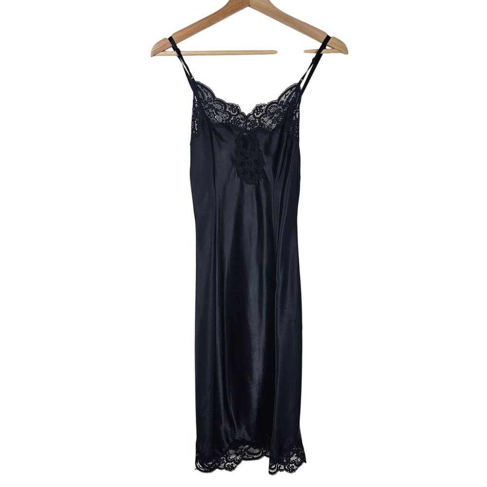 Vintage Wonder Maid Satin Lace Whimsigoth‎ Slip Dress 32/XS Sexy Black Union